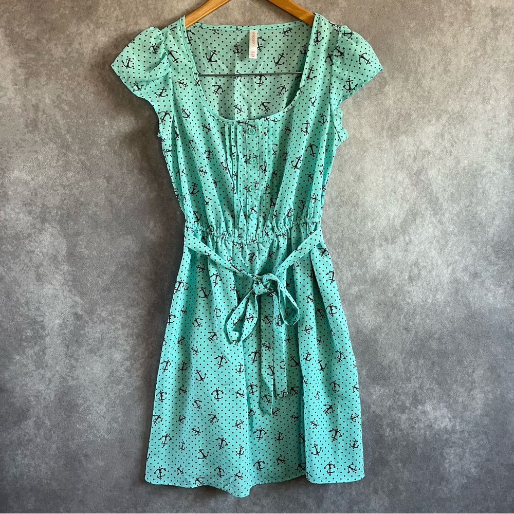 Teal Blue Anchor All Over Print Dress Short Sleeve Elastic Waist Womens Sz S / P